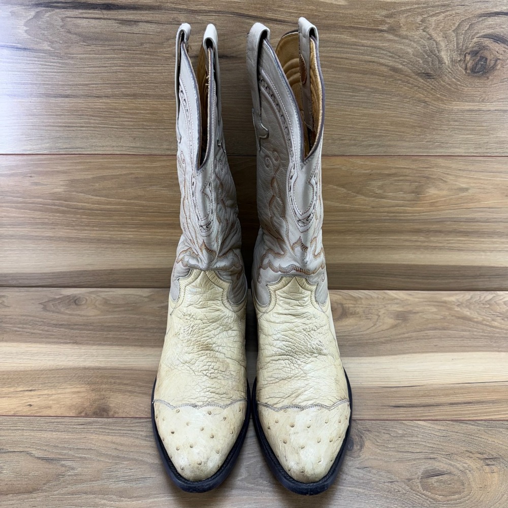 GAVEL Ostrich Leather Beige Western Boots Mens 9.5 EE Vintage Exotic Cowboy - Picture 5 of 12
